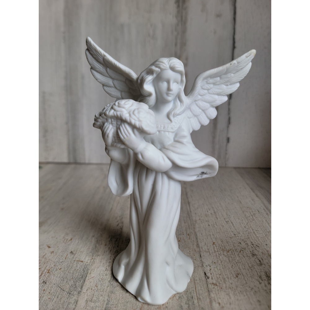 Enesco vintage white angel statue flower basket porcelain Xmas home decor